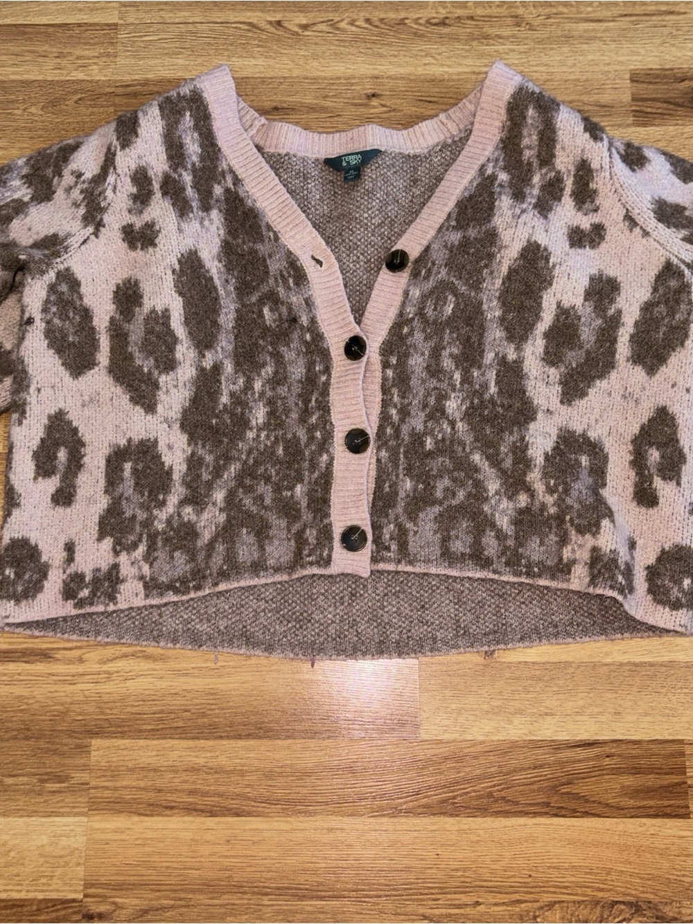 Cropped Pink/tan and brown Leopard Print Button Cardigan Sweater